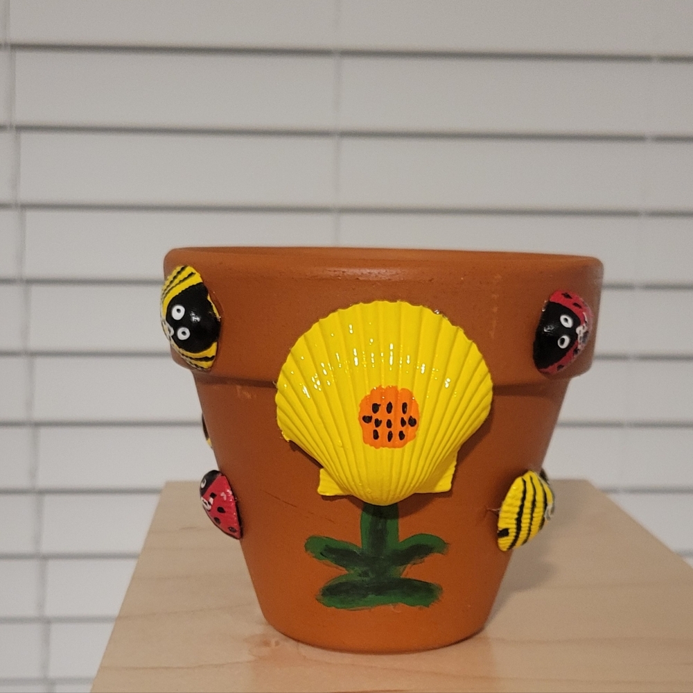 Hand-Painted Terracotta Pot with Yellow Flower and Ladybugs